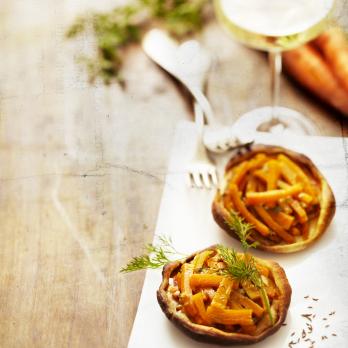 Tarte tatin-style carrot tartlets with dill by Philippe Kientzler