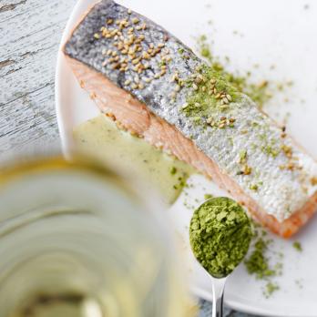 Salmon with green tea sauce